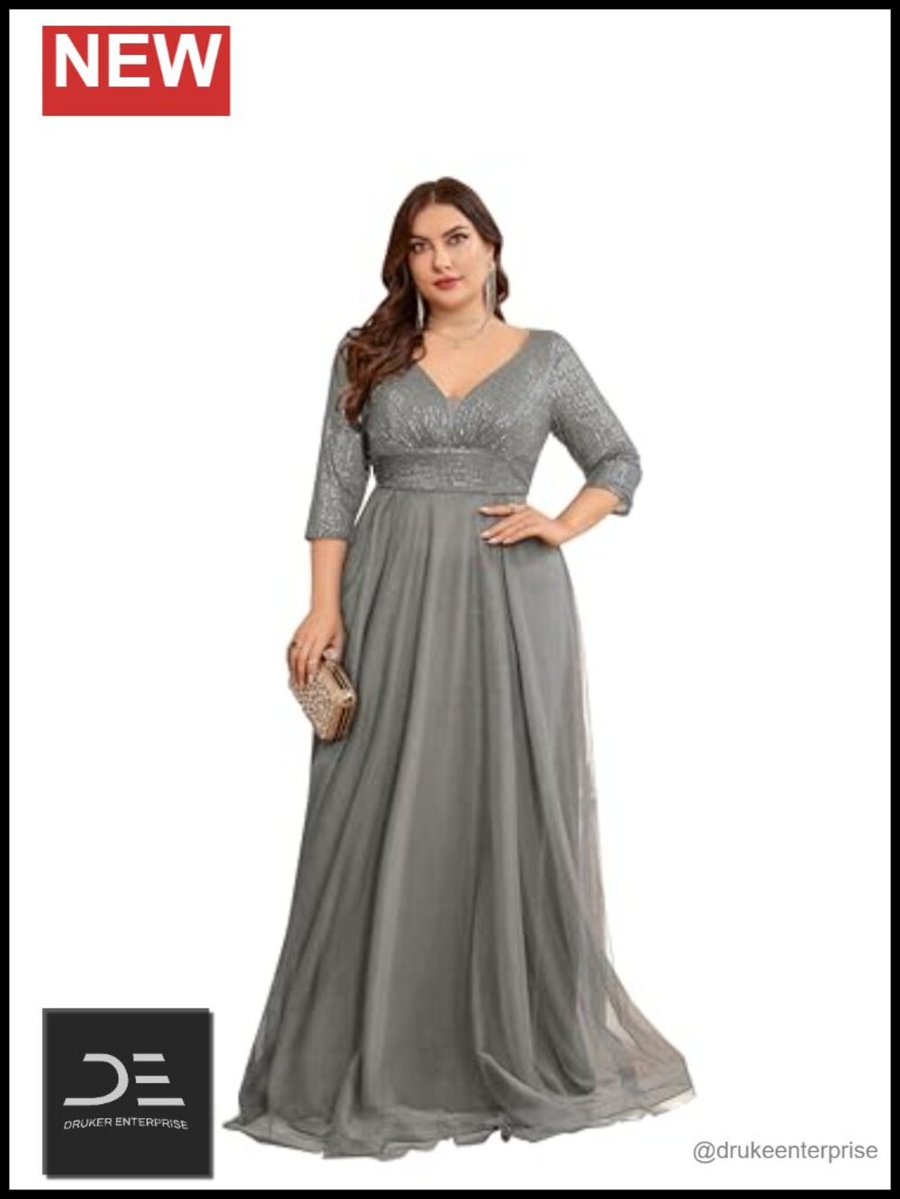 Plus Size Floor Length Formal Evening Gown Long Sleeves V-Neck Prom Dress